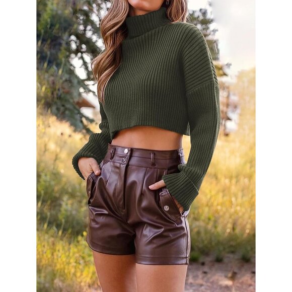 Women's Cropped Turtleneck Sweater Knitted Fall Winter Long Sleeve Chic - Picture 2 of 7